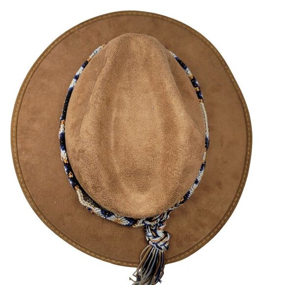 Vintage La Sierra Suede Western Cowboy Hat Camel Brown Aztec Tapestry Band Boho - Picture 10 of 13